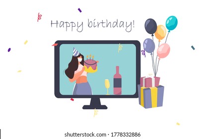 Birthday Party With Friends In Video Conference In Quarantine.Characters Celebrate Online Birthday Party In Mask During Covid 19.Self Isolation.Virtual Meeting With Friends.Flat Vector Illustration