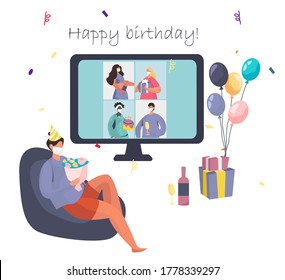 Birthday Party With Friends In Video Conference In Quarantine.Characters Celebrate Online Birthday Party In Mask During Covid 19.Self Isolation.Virtual Meeting With Friends.Flat Vector Illustration