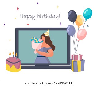 Birthday Party With Friends In Video Conference In Quarantine.Characters Celebrate Online Birthday Party In Mask During Covid 19.Self Isolation.Virtual Meeting With Friends.Flat Vector Illustration