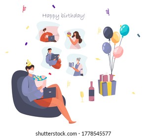 Birthday Party With Friends In Video Conference In Quarantine.Characters Celebrate Online Birthday Party In Mask During Covid 19.Self Isolation.Virtual Meeting With Friends.Flat Vector Illustration