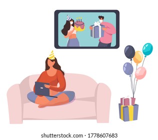 Birthday Party With Friends In Video Conference In Quarantine.Characters Celebrate Online Birthday Party In Mask During Covid 19.Self Isolation.Virtual Meeting With Friends.Flat Vector Illustration