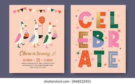 Birthday party front and back invitation card with cartoon character ducks and typography design.