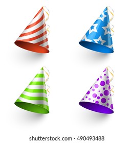 Birthday party funny hats vector photo booth templates. Color cone for holiday illustration