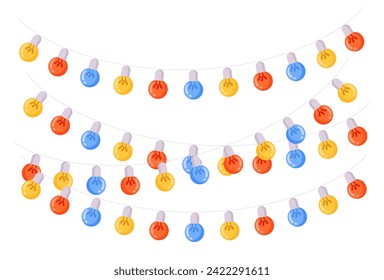 Birthday party garlands. Cartoon festive lamp garland, light holidays decoration flat vector Illustration set. Party glowing lights bulbs
