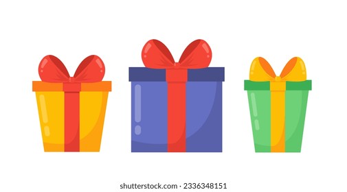 Birthday party gift boxes concept. Set of presents and surprises. Holiday and festival. Special offer, discounts and promotions. Cartoon flat vector illustration isolated on white background