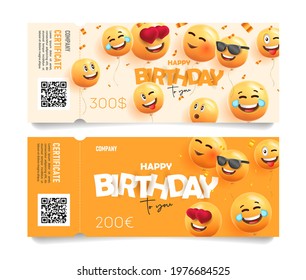 Birthday party gift certificate or party invitation with happy yellow smiling faces as 3d ballons and typography as paper letters