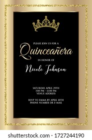 Quinceañera Birthday Party for Girl 15 years vector printable invitation card with golden glitter frame