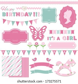 Birthday party and girl baby shower design elements set - frames, garlands, ribbons, two cute seamless pattern backgrounds.