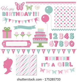 Birthday party and girl baby shower design elements set - garlands, bunting, ribbons, birthday cake, princess silhouette, two cute seamless pattern backgrounds. 