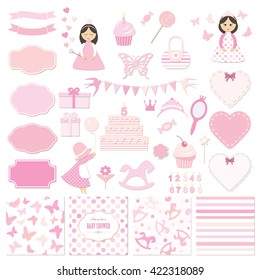 Birthday party and girl baby shower design elements set. Frames, stickers, seamless patterns. Pastel pink colors. Isolated on white.