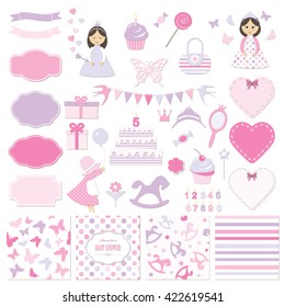 Birthday party and girl baby shower design elements set. Frames, stickers, seamless patterns. Pink and violet colors. Isolated on white.