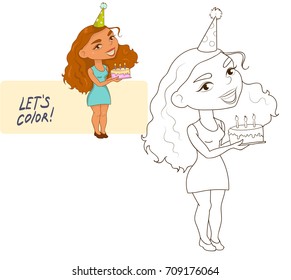 birthday party girl with cake, happy smile kids coloring page 