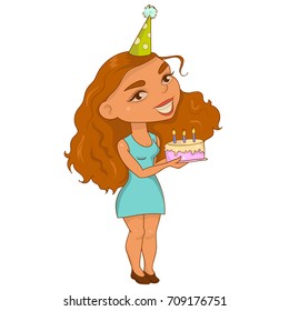 birthday party girl with cake, happy smile kids