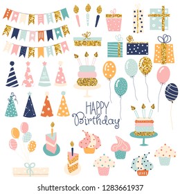 Birthday party glitter set.  Collection of cute holiday items. Vector hand drawn illustration.