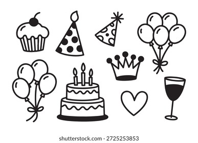 Gráficos de fiesta de cumpleaños: cupcake, sombrero estampado, globos, pastel, corona, corazón y copa de vino. Elementos decorativos para ocasiones festivas.