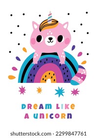 Birthday party greeting card. Cartoon unicorn cat on rainbow. Sweet pink kitten. Dreaming pet. Happy baby animal daydreaming. Fairytale cute mammal. Vector illustration