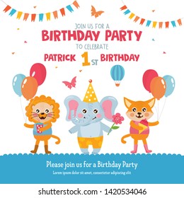 Birthday Party greeting card design. Invitation template with cute animals.  Lion, elephant and fox celebrate Birthday. For Baby Shower, party, invitation.