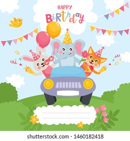 Birthday Party greeting card design. Invitation template with cute animals. Fox, rabbit and elephant ride on a car and celebrate Birthday. For Baby Shower, party, invitation.