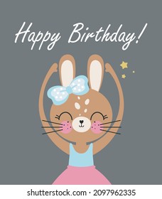 Birthday Party, Greeting Card, Party Invitation. Kids illustration with Cute Bunny Ballerina. Vector illustration in cartoon style.