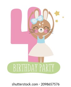 Birthday Party, Greeting Card, Party Invitation. Kids illustration with Cute Rabbit Ballerina and with the inscription four. Vector illustration in cartoon style.