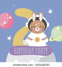 Birthday Party, Greeting Card, Party Invitation. Kids illustration with Cute Rabbit Cosmonaut and with the inscription two. Vector illustration in cartoon style. Space theme for kids.