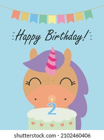 Birthday Party, Greeting Card, Party Invitation. Kids illustration with Cute Magic Unicorn Blowing out Birthday Cake Candle with the number 2. Vector illustration in cartoon style.