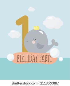 Birthday Party, Greeting Card, Party Invitation. Kids illustration with Cute baby Whale with the inscription one. Vector illustration in cartoon style.