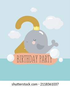 Birthday Party, Greeting Card, Party Invitation. Kids illustration with Cute baby Whale with the inscription two. Vector illustration in cartoon style.