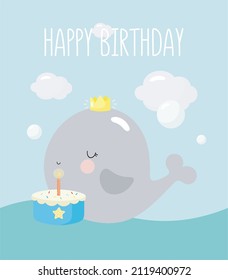Birthday Party, Greeting Card, Party Invitation. Kids illustration with Cute baby Whale with the inscription one. Vector illustration in cartoon style.