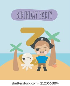 Birthday Party, Greeting Card, Party Invitation. Kids illustration with Little Pirate and an inscription three. Vector illustration in cartoon style.