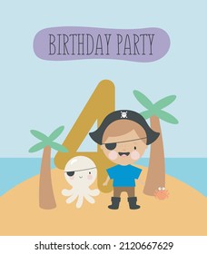 Birthday Party, Greeting Card, Party Invitation. Kids illustration with Little Pirate and an inscription four. Vector illustration in cartoon style.