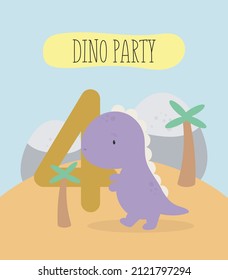 Birthday Party, Greeting Card, Party Invitation. Kids illustration with Cute Dinosaur and an inscription four. Vector illustration in cartoon style.
