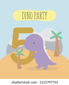 Birthday Party, Greeting Card, Party Invitation. Kids illustration with Cute Dinosaur and an inscription five. Vector illustration in cartoon style.