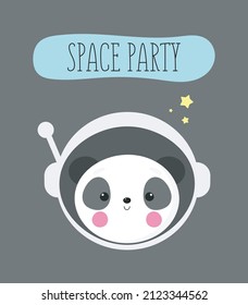 Birthday Party, Greeting Card, Party Invitation. Kids illustration with Cute Cosmonaut Panda. Vector illustration in cartoon style. Space theme.