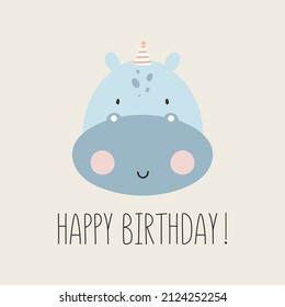 Birthday Party, Greeting Card, Party Invitation. Kids illustration with Cute Hippopotamus. Vector illustration in cartoon style.