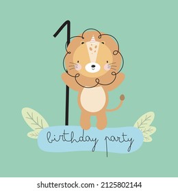 Birthday Party, Greeting Card, Party Invitation. Kids illustration with Cute Lion and an inscription one. Vector illustration in cartoon style.