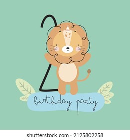 Birthday Party, Greeting Card, Party Invitation. Kids illustration with Cute Lion and an inscription two. Vector illustration in cartoon style.