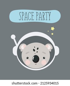 Birthday Party, Greeting Card, Party Invitation. Kids illustration with Cute Cosmonaut Koala. Vector illustration in cartoon style. Space theme.	