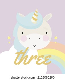 Birthday Party, Greeting Card, Party Invitation. Kids illustration with Cute Magic Unicorn and an inscription three. Vector illustration in cartoon style.