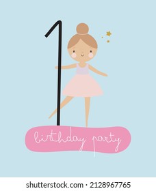 Birthday Party, Greeting Card, Party Invitation. Kids illustration with Cute Little Ballerina and an inscription one. Vector illustration in cartoon style.