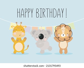 Birthday Party, Greeting Card, Party Invitation. Kids illustration with Cute Giraffe, Koala, Lion. Vector illustration in cartoon style.
