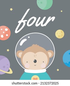 Birthday Party, Greeting Card, Party Invitation. Kids illustration with Cute Monkey Cosmonaut and an inscription four. Vector illustration in cartoon style.