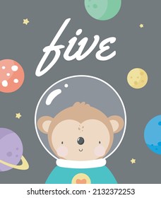 Birthday Party, Greeting Card, Party Invitation. Kids illustration with Cute Monkey Cosmonaut and an inscription five. Vector illustration in cartoon style.