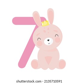 Birthday Party, Greeting Card, Party Invitation. Kids illustration with Cute Rabbit and an inscription seven. Vector illustration in cartoon style.