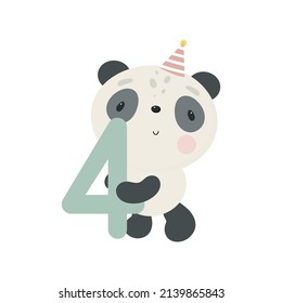 Birthday Party, Greeting Card, Party Invitation. Kids illustration with Cute Panda and and the number four. Vector illustration in cartoon style.