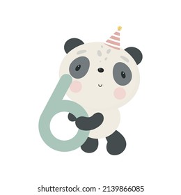 Birthday Party, Greeting Card, Party Invitation. Kids illustration with Cute Panda and and the number six. Vector illustration in cartoon style.