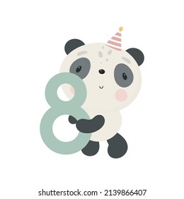 Birthday Party, Greeting Card, Party Invitation. Kids illustration with Cute Panda and and the number eight. Vector illustration in cartoon style.