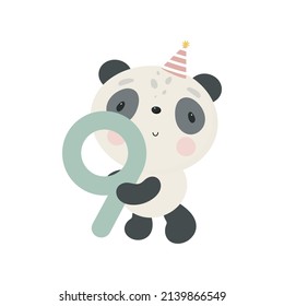 Birthday Party, Greeting Card, Party Invitation. Kids illustration with Cute Panda and and the number nine. Vector illustration in cartoon style.