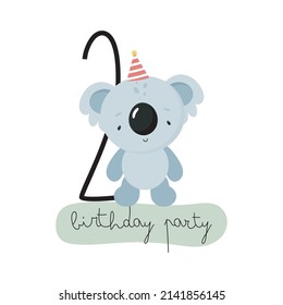 Birthday Party, Greeting Card, Party Invitation. Kids illustration with Cute Koala and the number two. Vector illustration in cartoon style.
