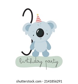 Birthday Party, Greeting Card, Party Invitation. Kids illustration with Cute Koala and the number three. Vector illustration in cartoon style.